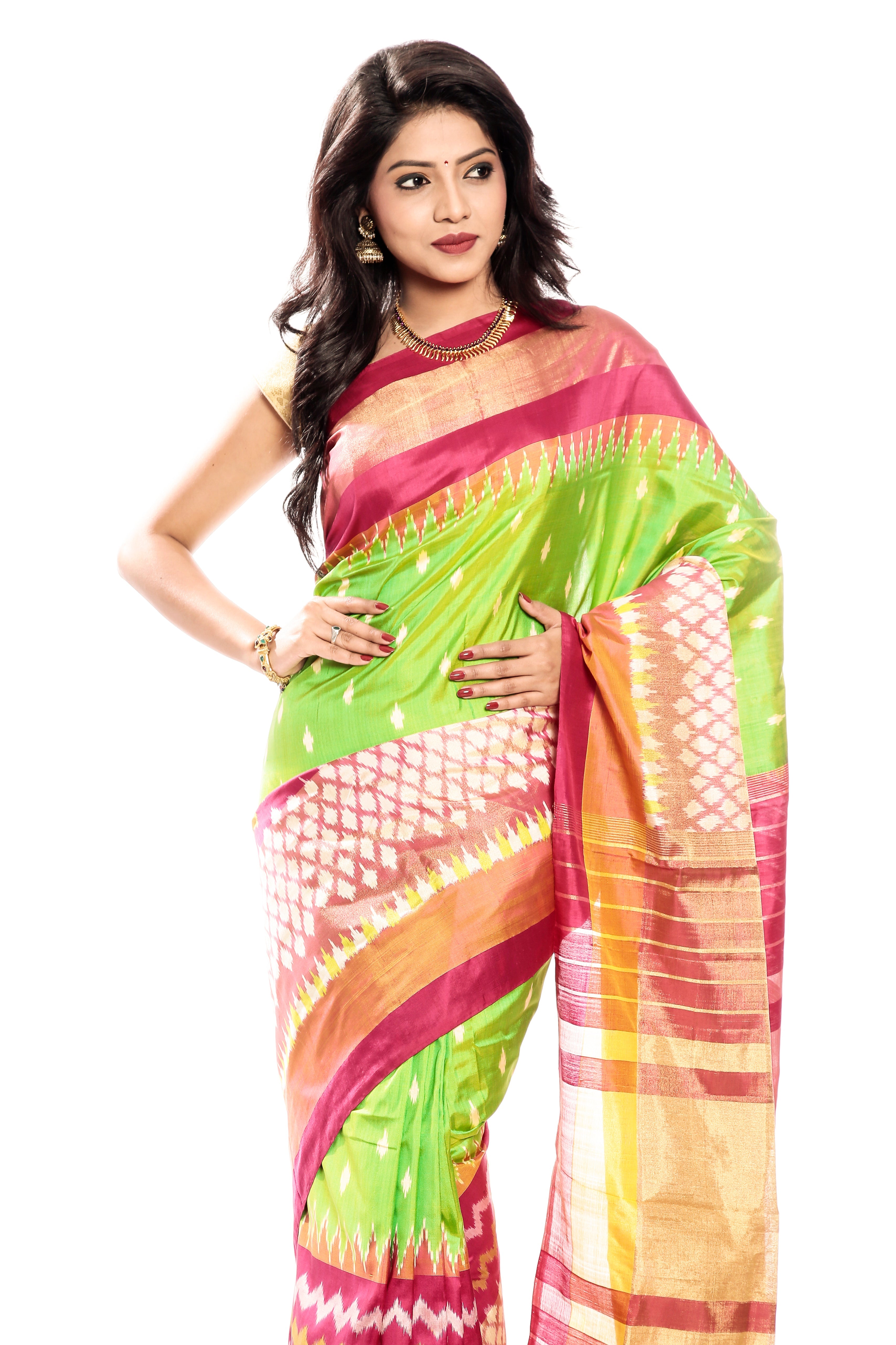 Pink & Green Ikkat  Saree